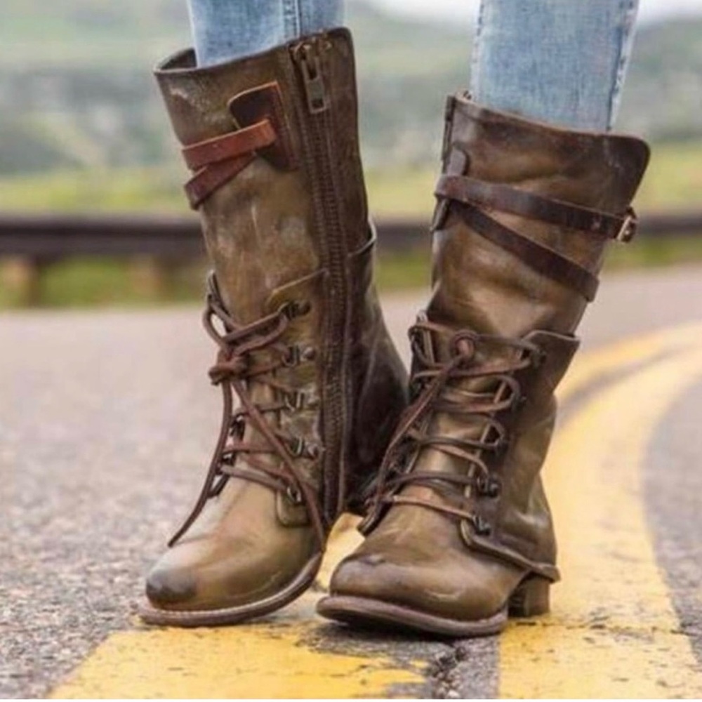 Freebird by Steven Olive Ravi Women’s Lace-Up Mid-Calf Brown Combat Boots